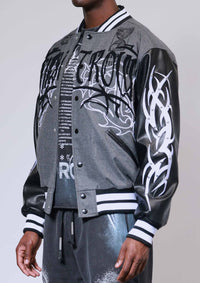First Row Y2K Tribal Varsity Jacket Grey