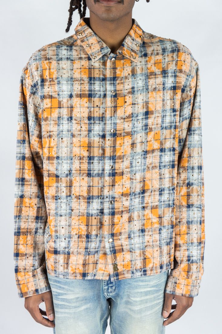 Rebel Denim Cropped Rhinestone Flannel Gold