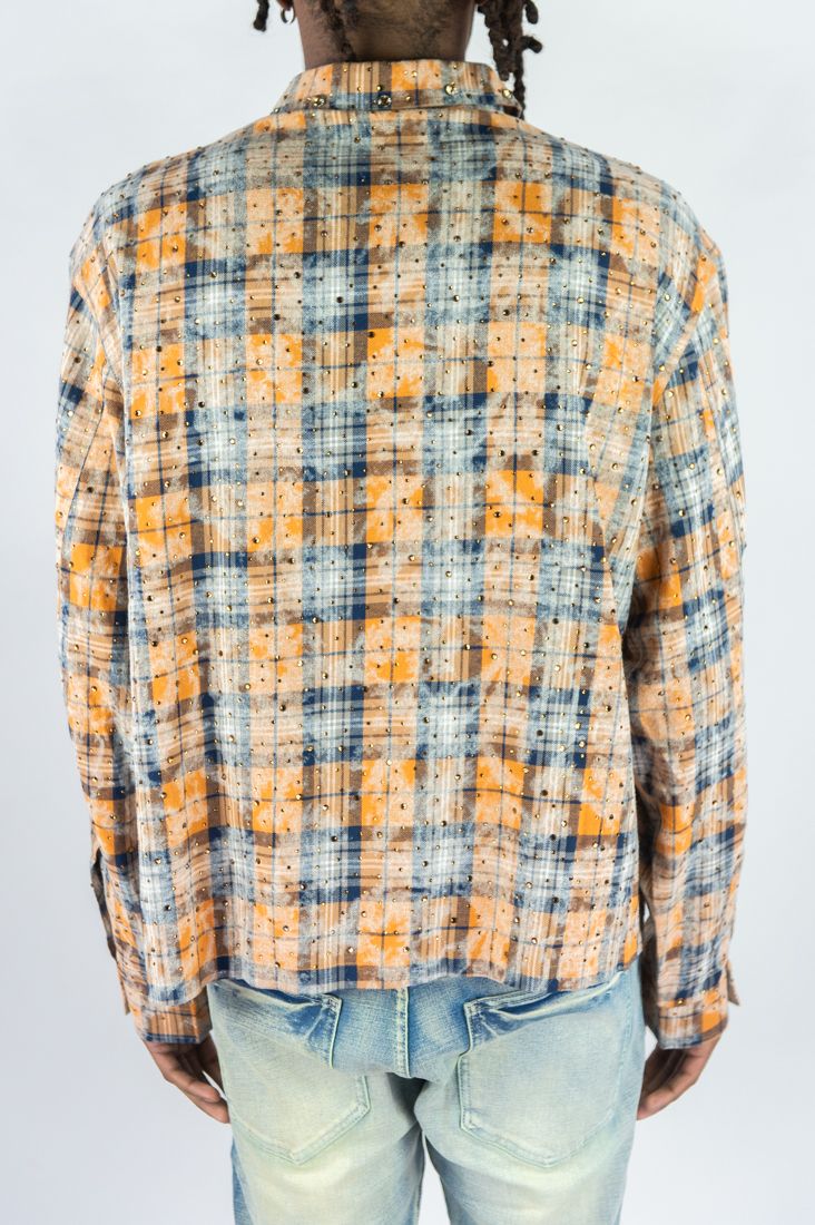 Rebel Denim Cropped Rhinestone Flannel Gold