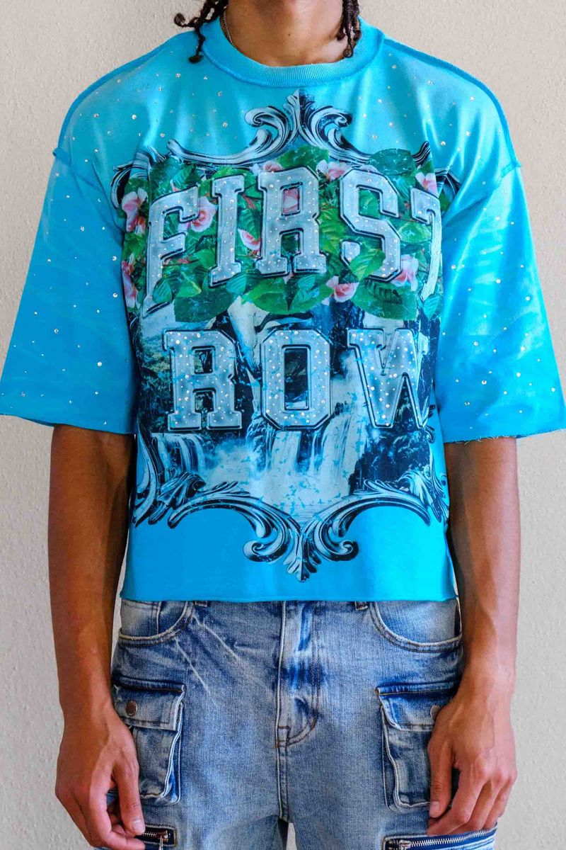 First Row Lost Utopia Graphic Rhinestone Crop Tee Turquoise