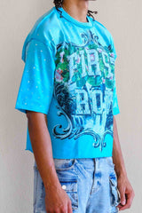 First Row Lost Utopia Graphic Rhinestone Crop Tee Turquoise