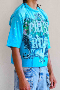 First Row Lost Utopia Graphic Rhinestone Crop Tee Turquoise