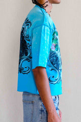 First Row Lost Utopia Graphic Rhinestone Crop Tee Turquoise
