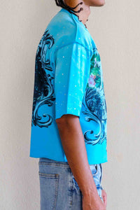 First Row Lost Utopia Graphic Rhinestone Crop Tee Turquoise
