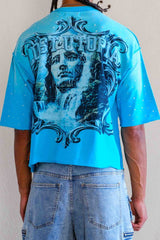 First Row Lost Utopia Graphic Rhinestone Crop Tee Turquoise