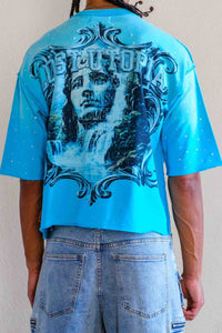 First Row Lost Utopia Graphic Rhinestone Crop Tee Turquoise