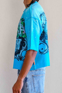 First Row Lost Utopia Graphic Rhinestone Crop Tee Turquoise