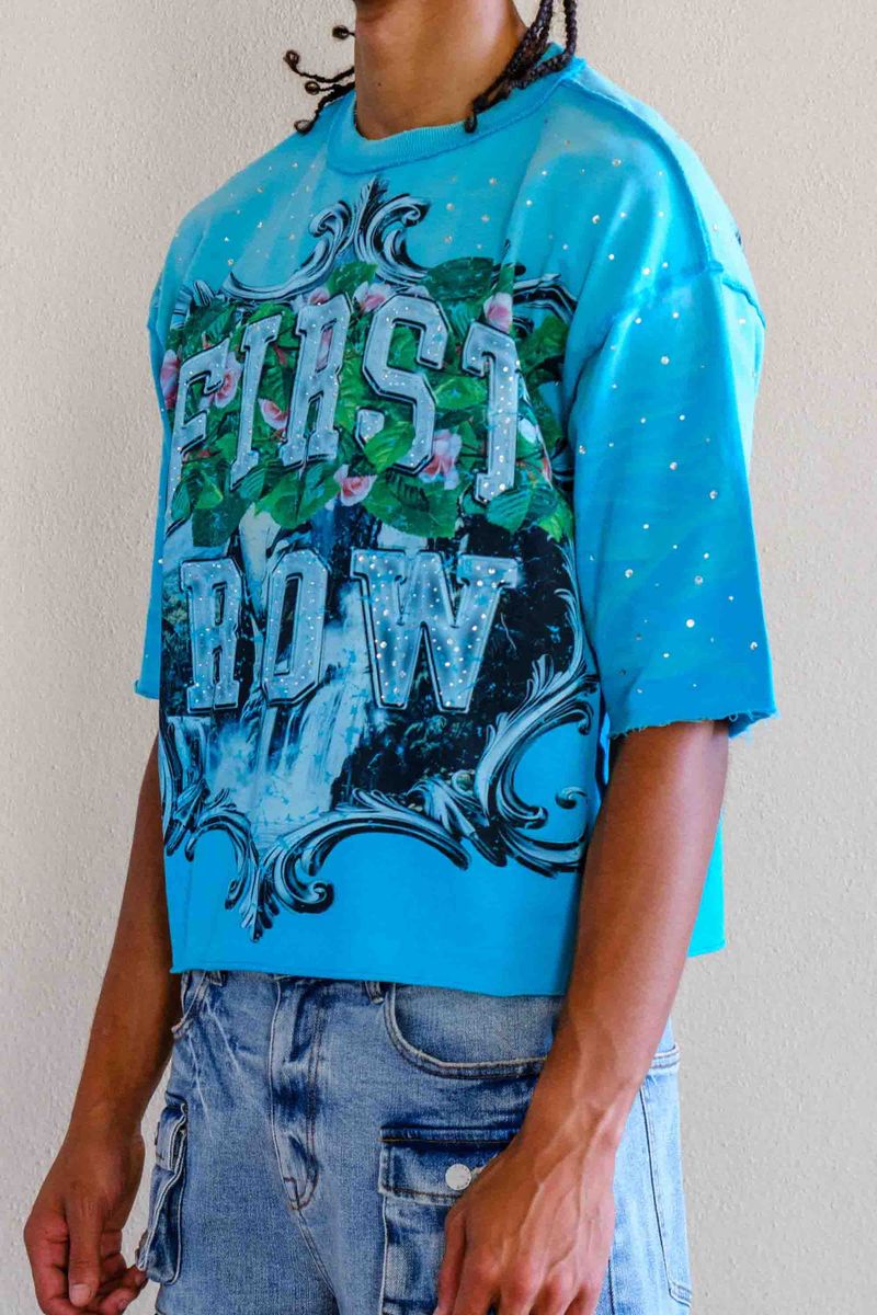 First Row Lost Utopia Graphic Rhinestone Crop Tee Turquoise