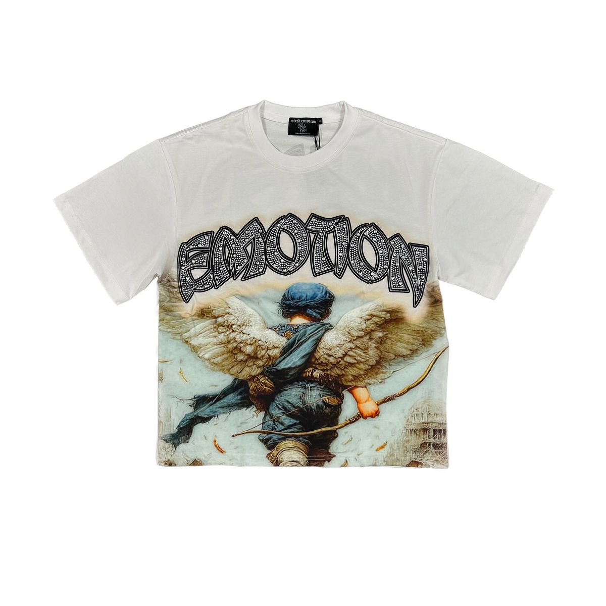 Mixed Emotion Rhinestone Arch Angel Tee white