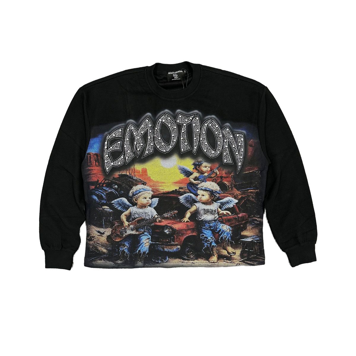 Mixed Emotion Rhinestone Sunrise thermal Long Sleeve tee Black