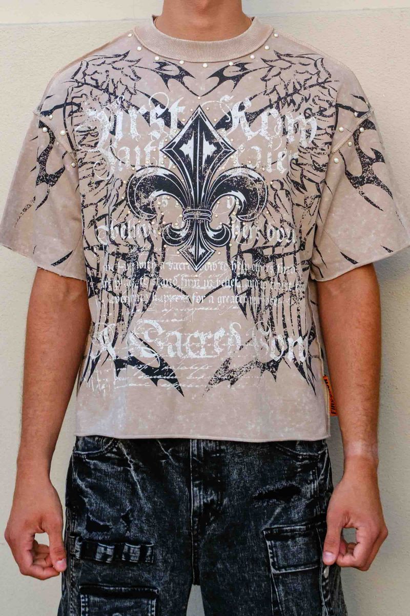 First Row Sacred Vow Studded Crop Tee Beige