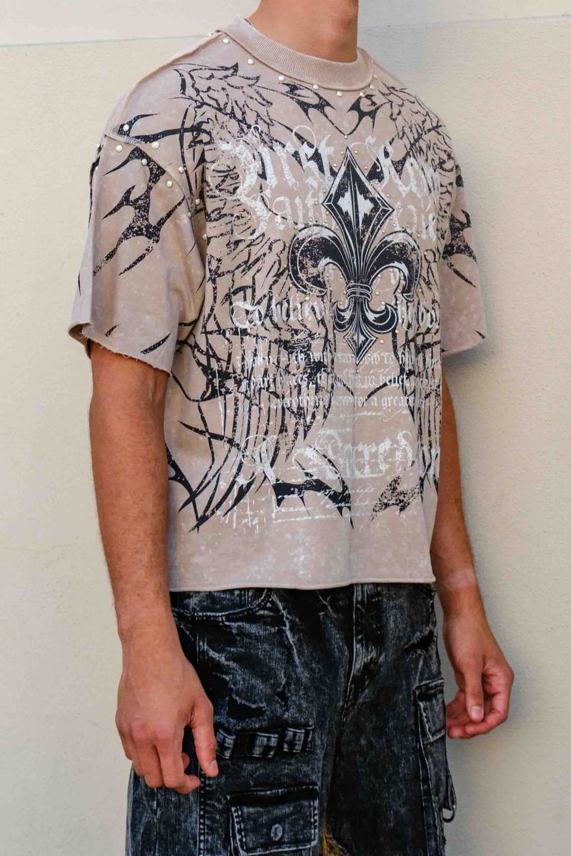 First Row Sacred Vow Studded Crop Tee Beige