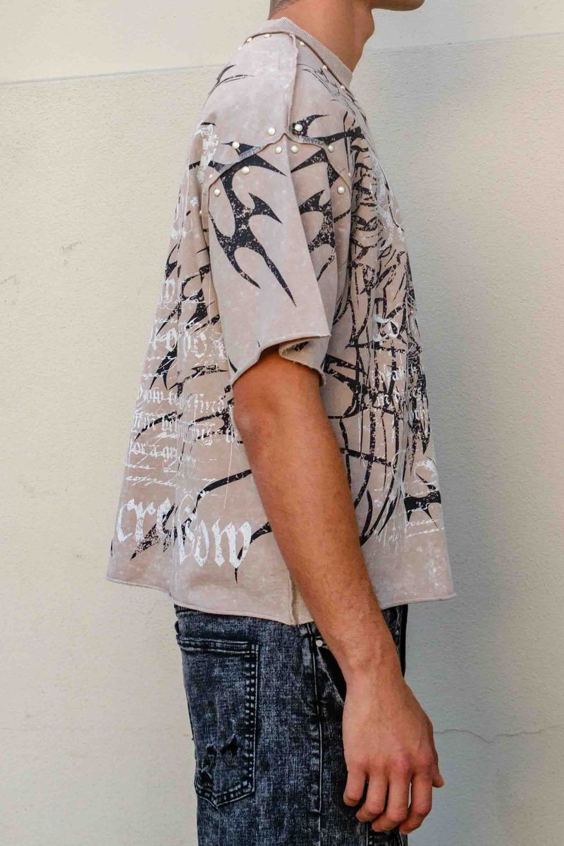 First Row Sacred Vow Studded Crop Tee Beige