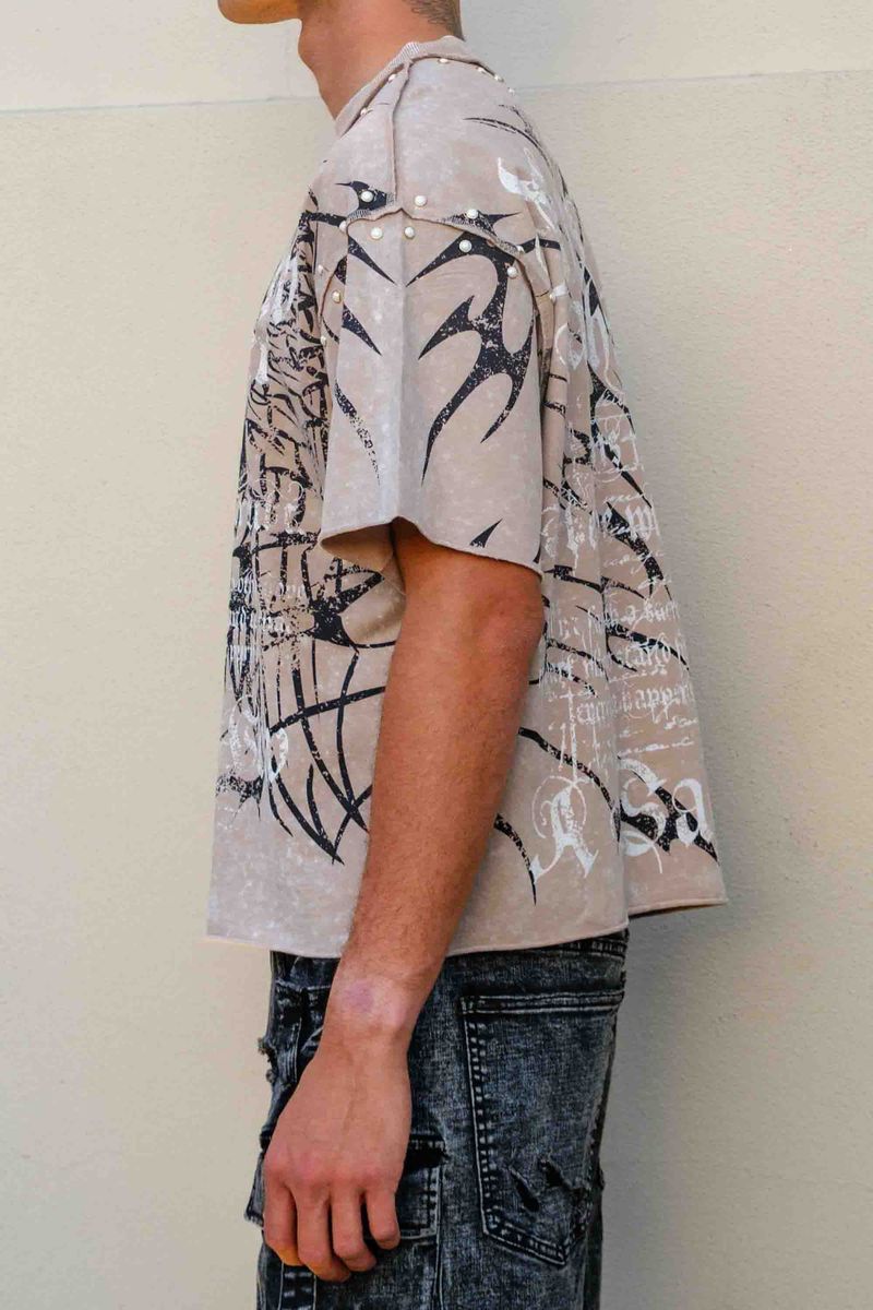First Row Sacred Vow Studded Crop Tee Beige