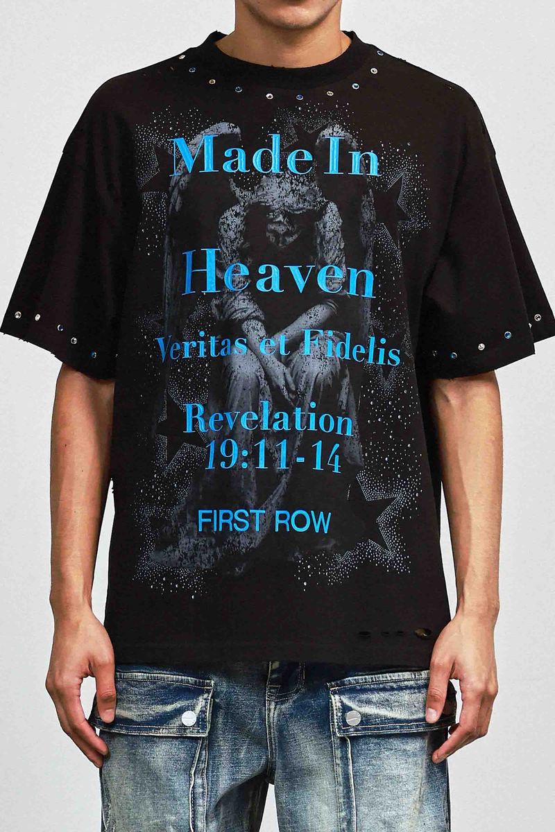 First Row Silence Angel Rhinestone Tee Black / Blue