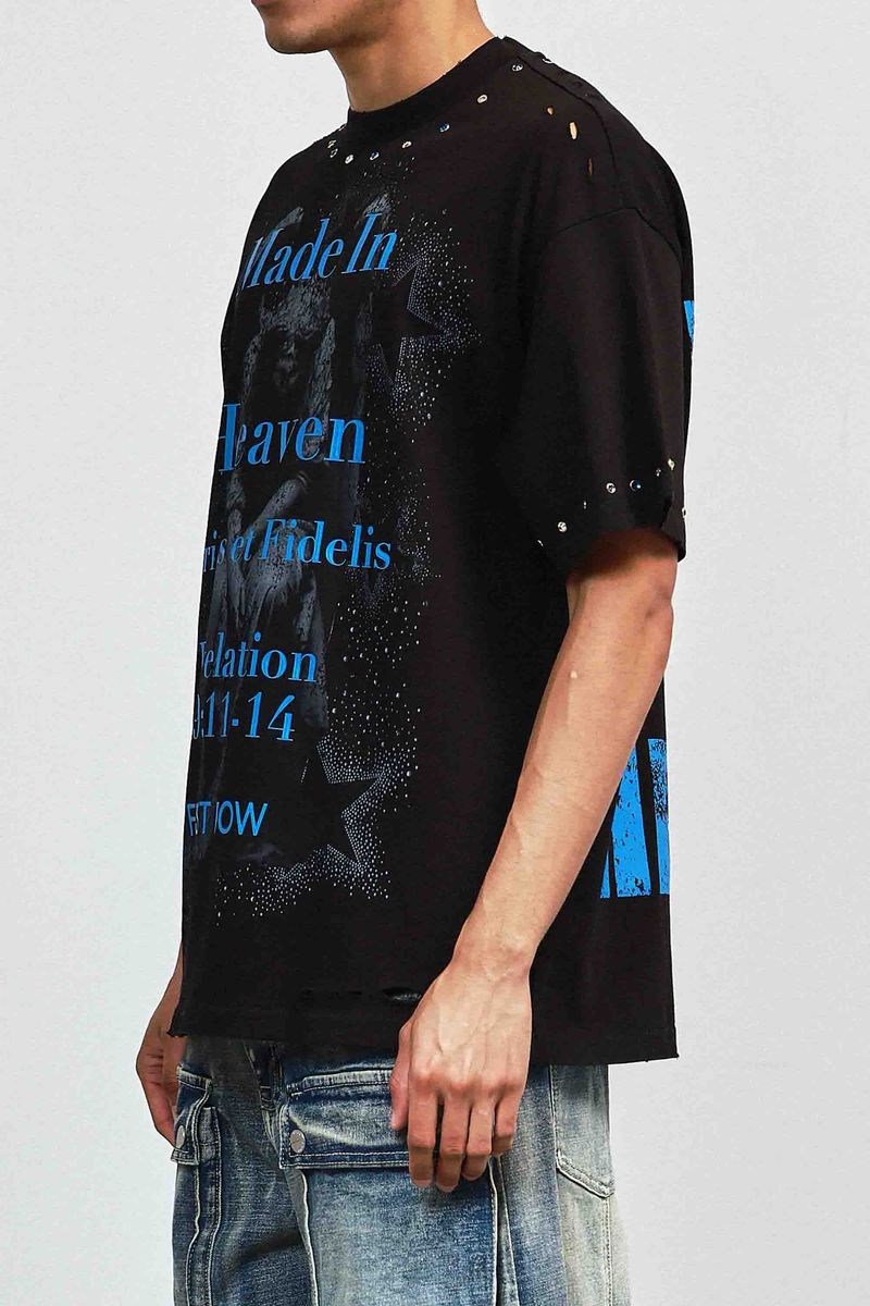 First Row Silence Angel Rhinestone Tee Black / Blue