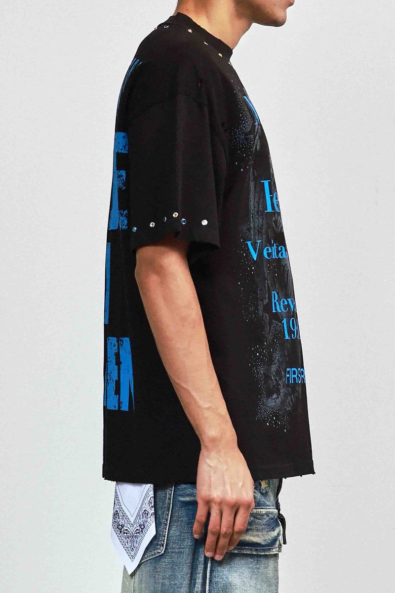 First Row Silence Angel Rhinestone Tee Black / Blue