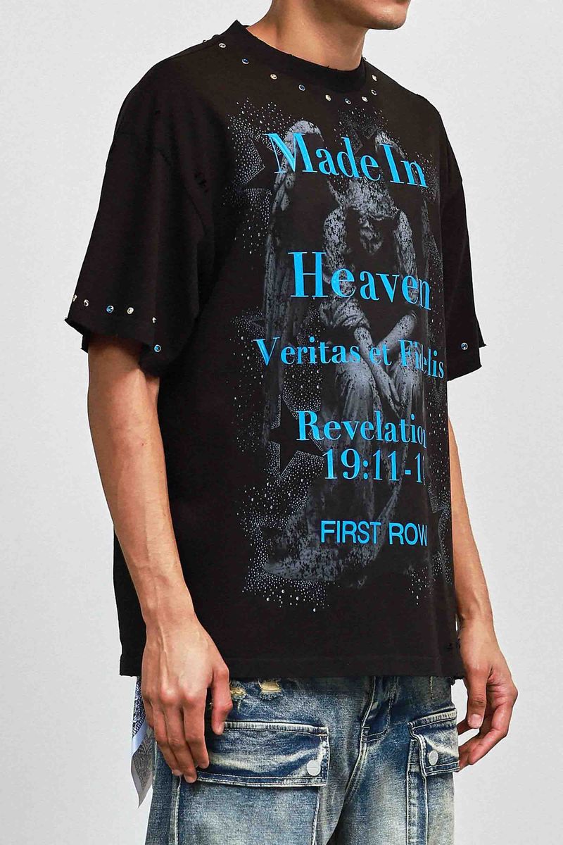 First Row Silence Angel Rhinestone Tee Black / Blue