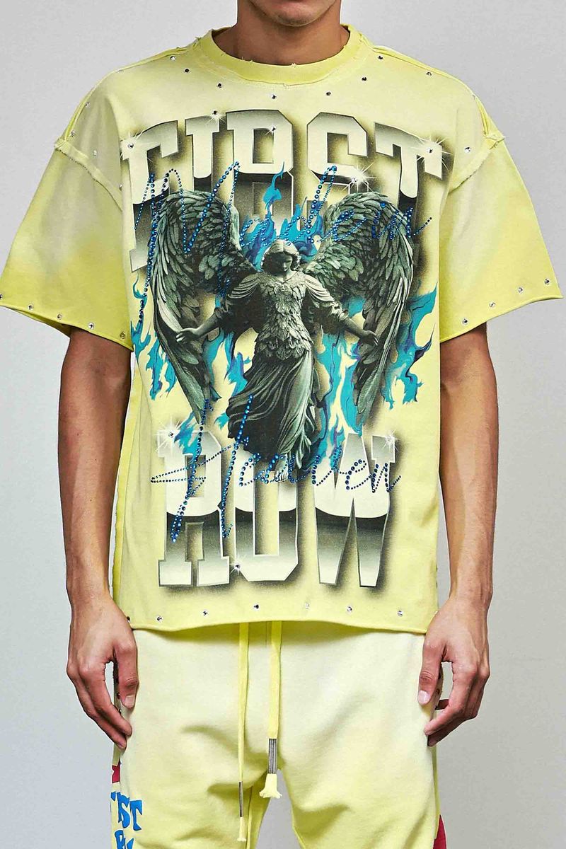 First Row Flame Angel Rhinestone Crop Tee Yellow
