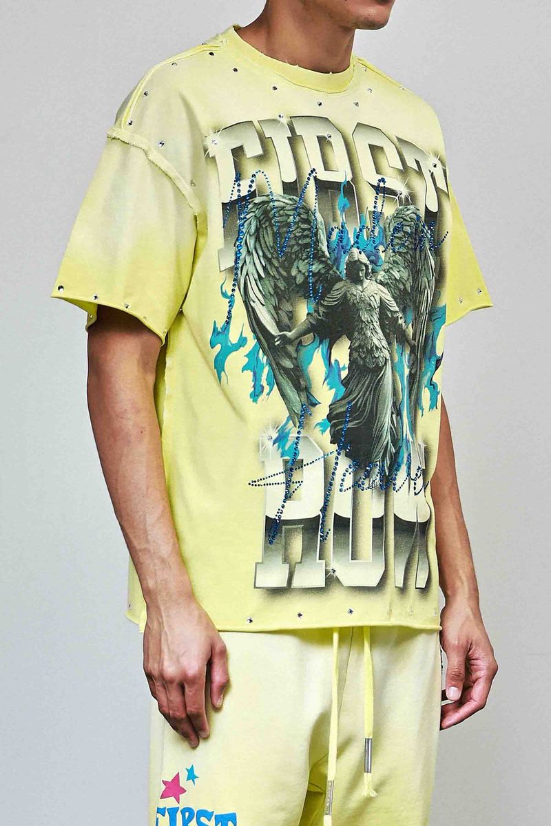 First Row Flame Angel Rhinestone Crop Tee Yellow