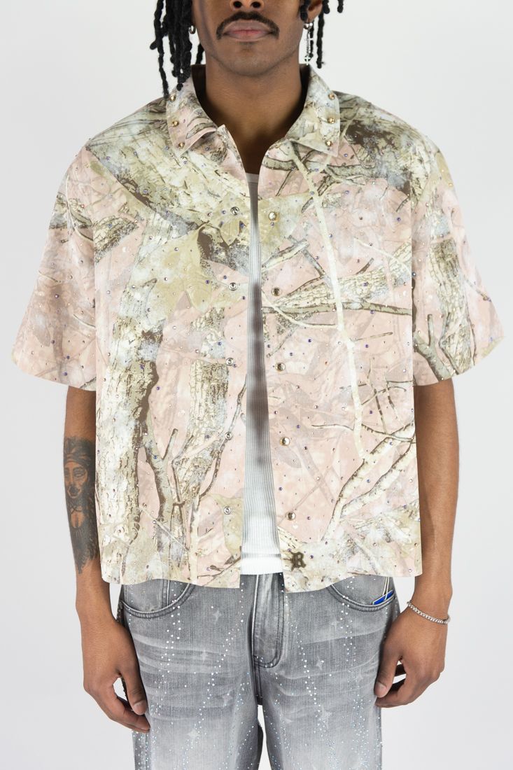 Rebel Camo Rhinestone Button Down Shirt Pink