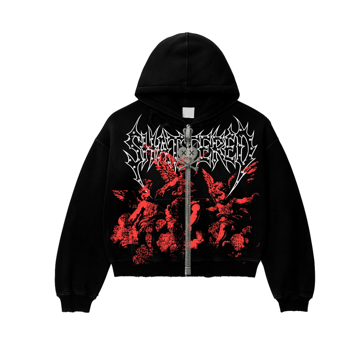 Shattered Hearts On The Clouds Rhinestone Hoodie Black Red