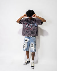 Mixed Emotion “AI” Denim Shorts Blue