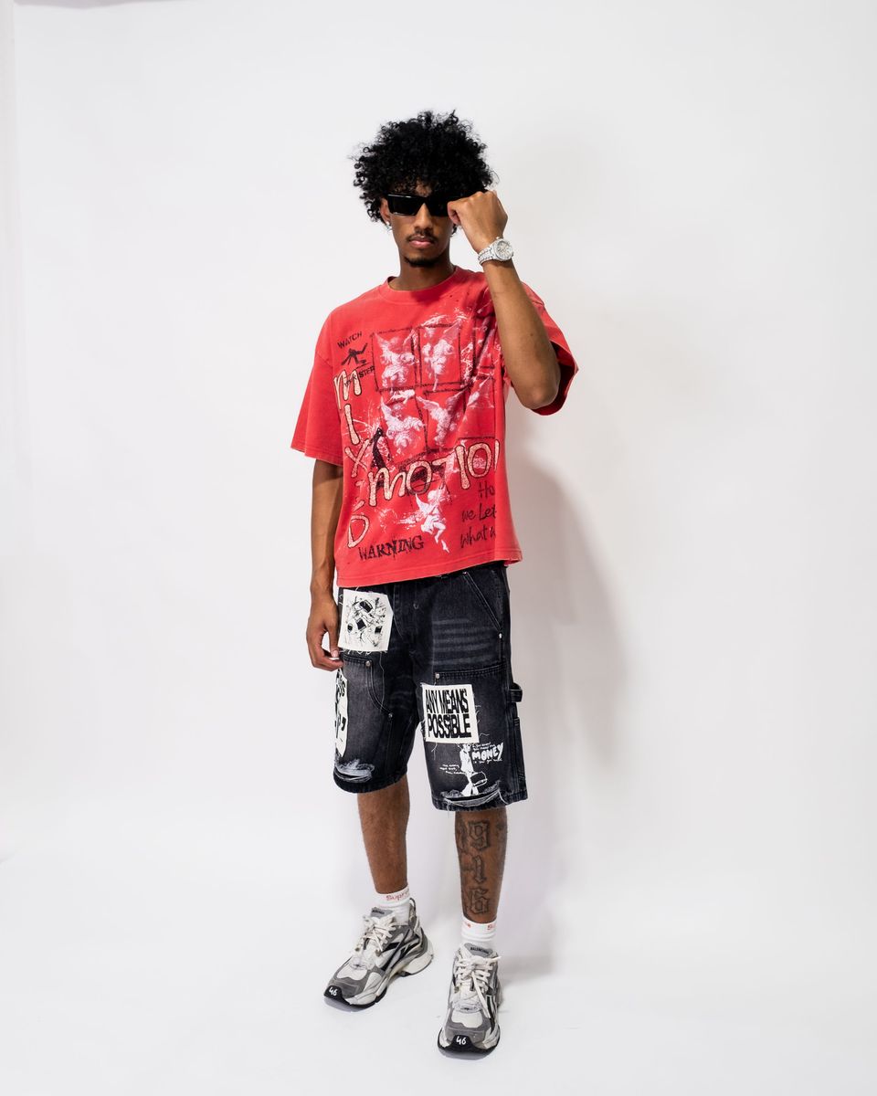 Mixed Emotion Black “AI” Denim shorts
