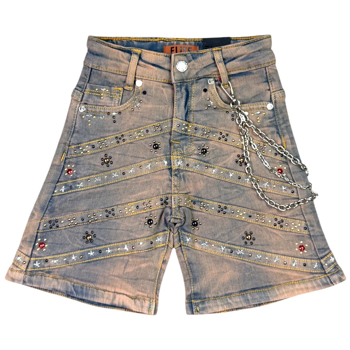 Elite Denim Kids Pyramids Embellished Denim Shorts Vintage Wash