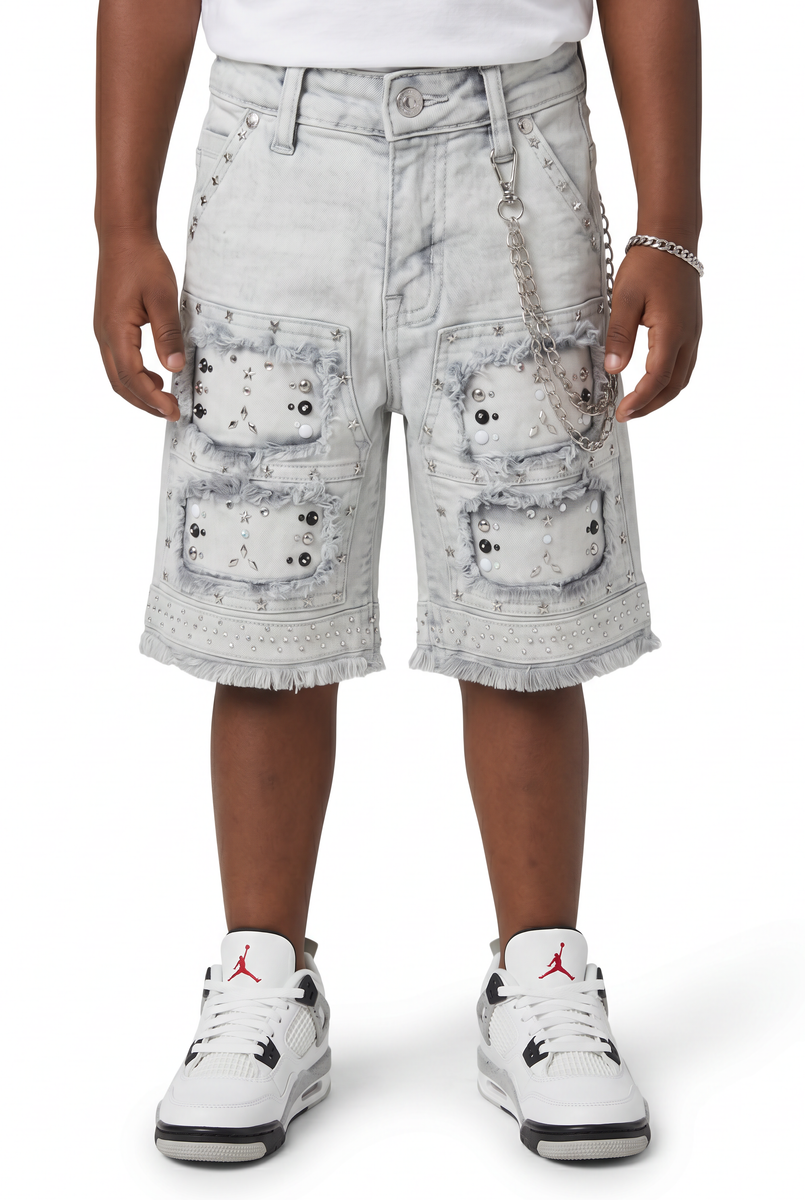 Elite Denim Kids Flint Embellished Denim Shorts Grey
