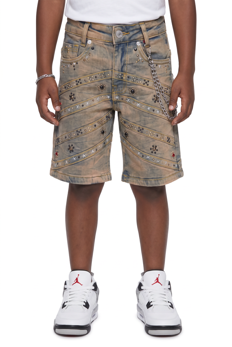 Elite Denim Kids Pyramids Embellished Denim Shorts Vintage Wash