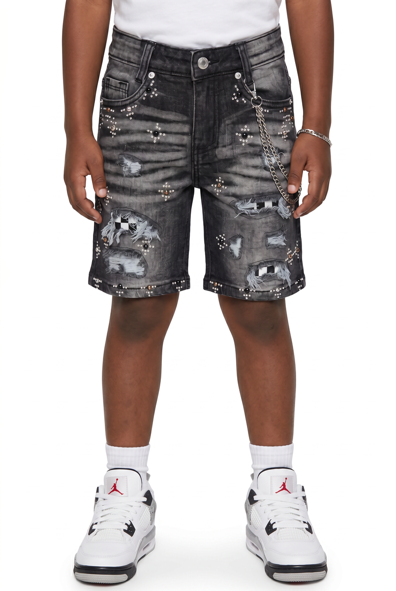 Elite Denim Kids Faded Embellished Denim Shorts Black