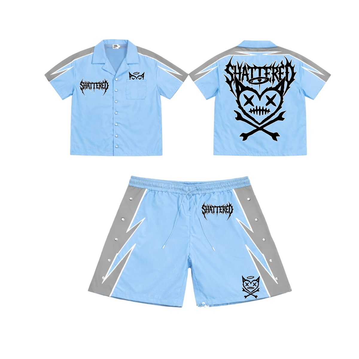 Shattered Hearts logo Nylon Short Set Blue/Grey