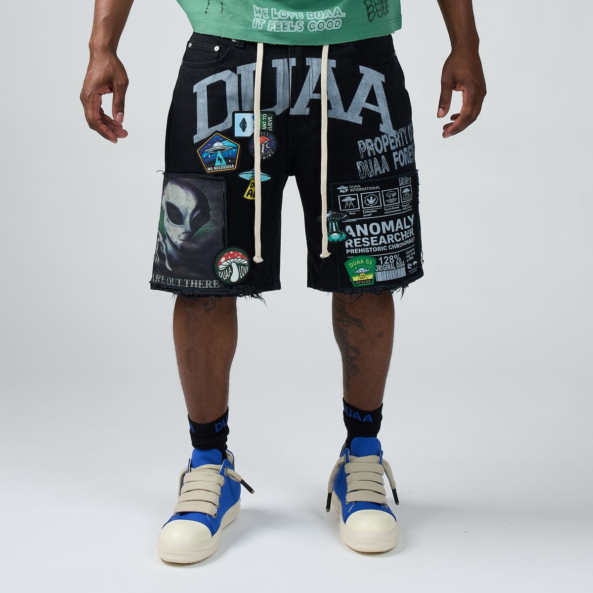 DUAA UFO Patch Denim Shorts Black