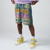 DUAA Forever Wall Graffiti Denim Shorts Vintage Blue