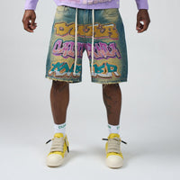 DUAA Forever Wall Graffiti Denim Shorts Vintage Blue
