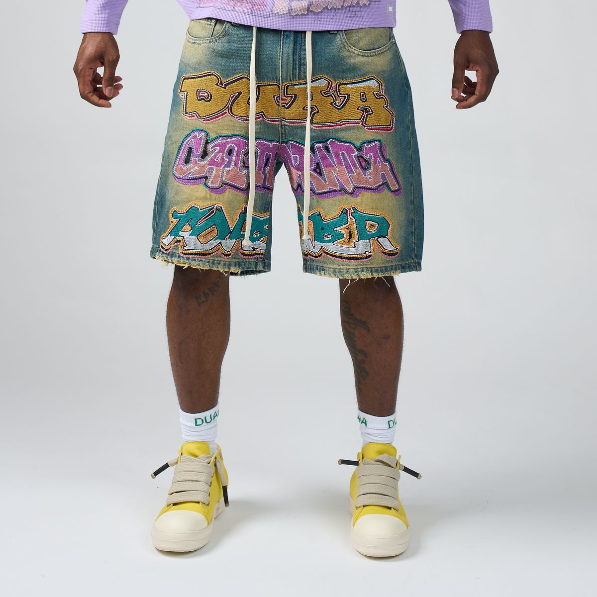 DUAA Forever Wall Graffiti Denim Shorts Vintage Blue