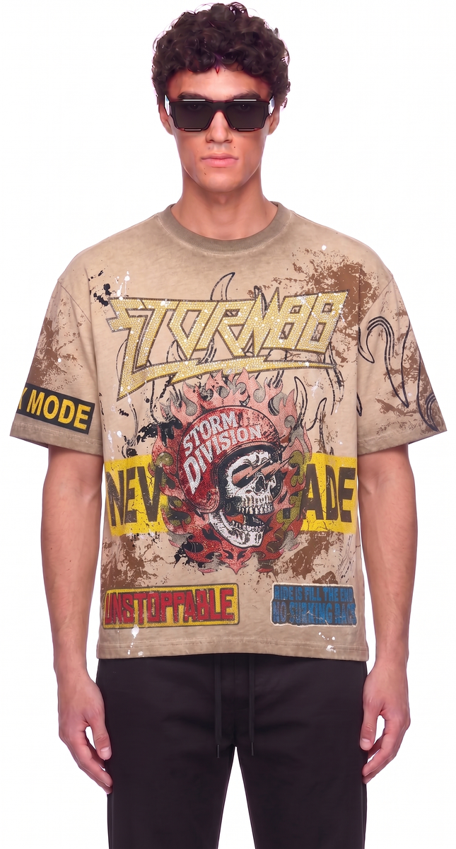 Strom88 Bowie Rhinestone Tee Khaki