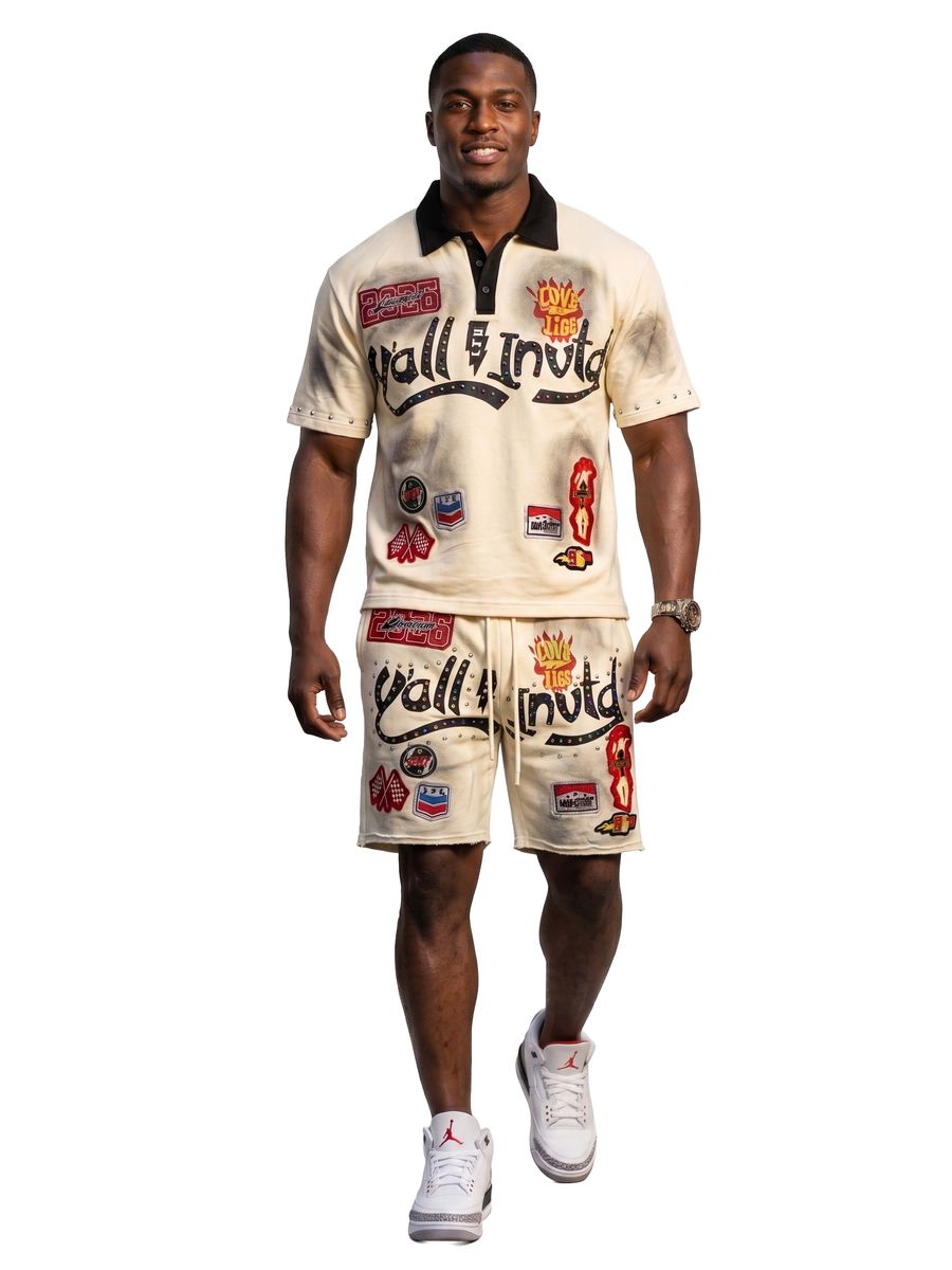 Kleep Y’all Invtd Crystal Stud Polo Short Set Cream