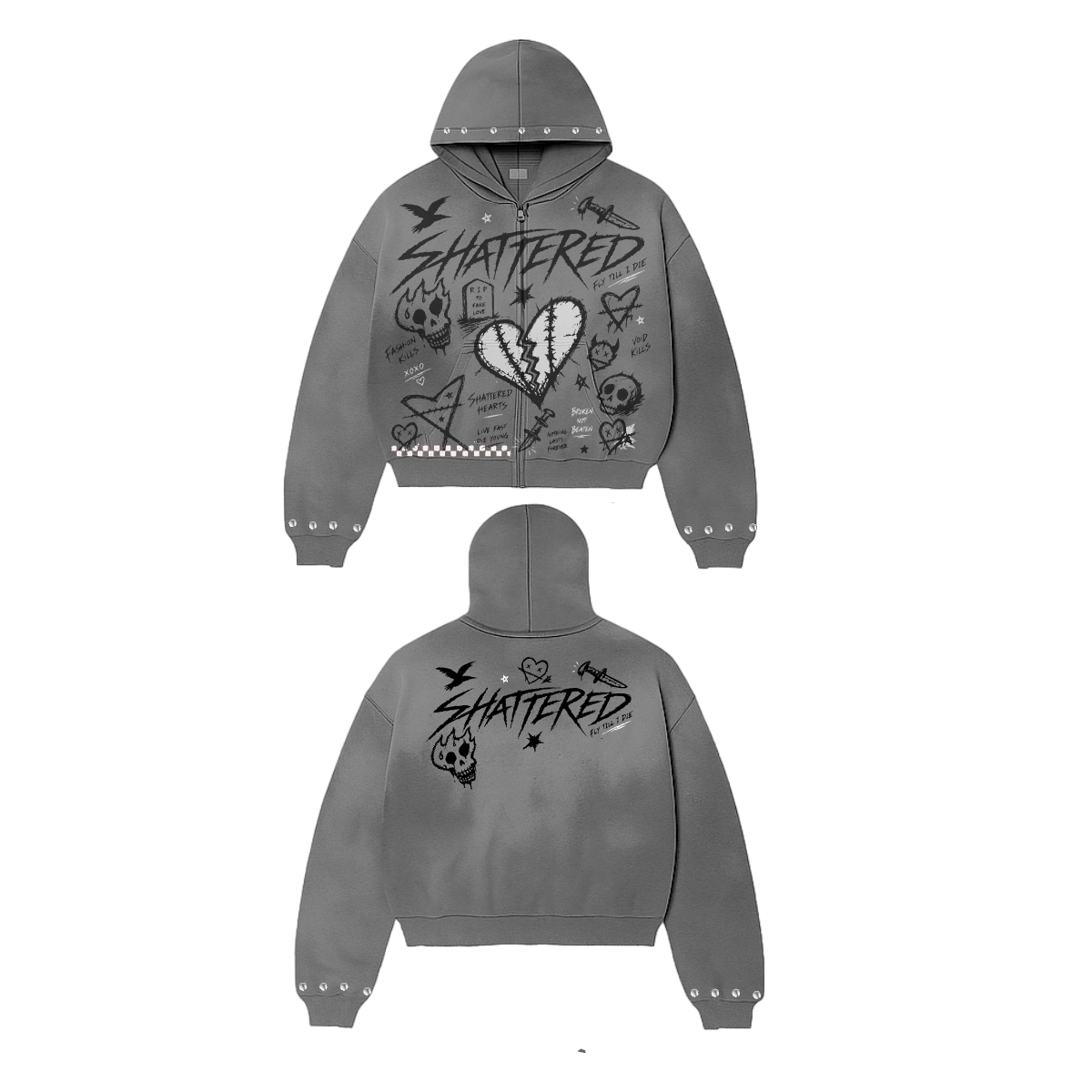 Shattered Hearts Doodle Hoodie Grey
