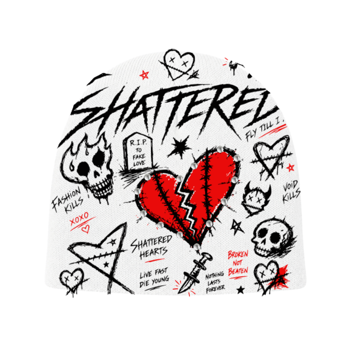 Shattered Hearts Doodle Beanie White