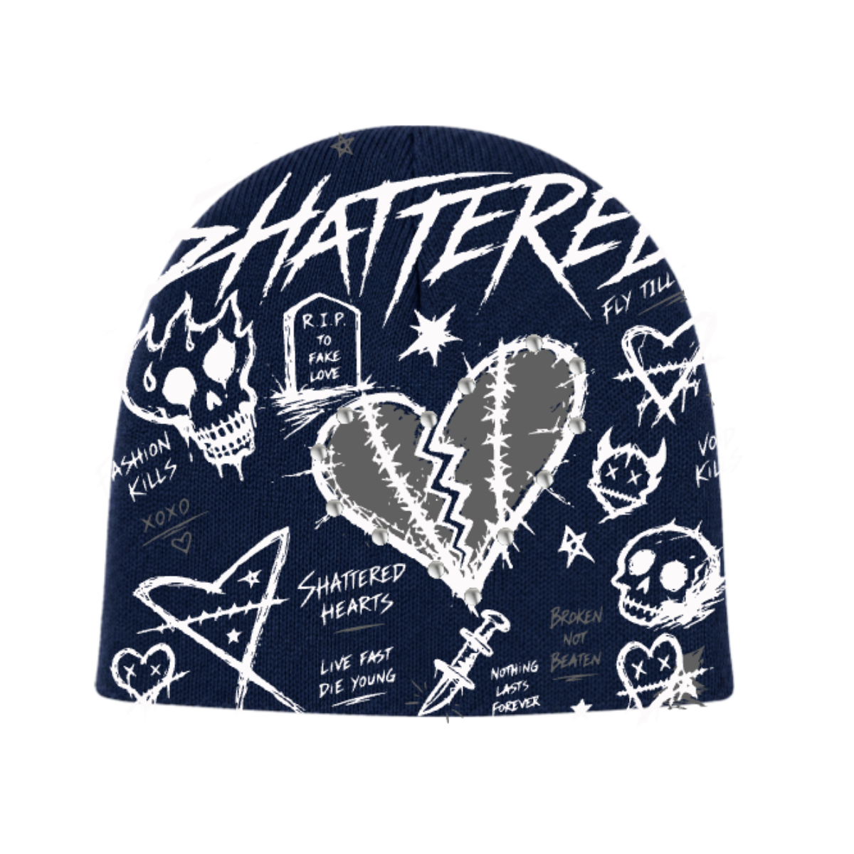 Shattered Hearts Doodle Beanie Navy