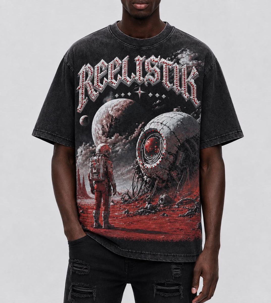 Reelistik NYC Space Astronaut Rhinestone Tee Black