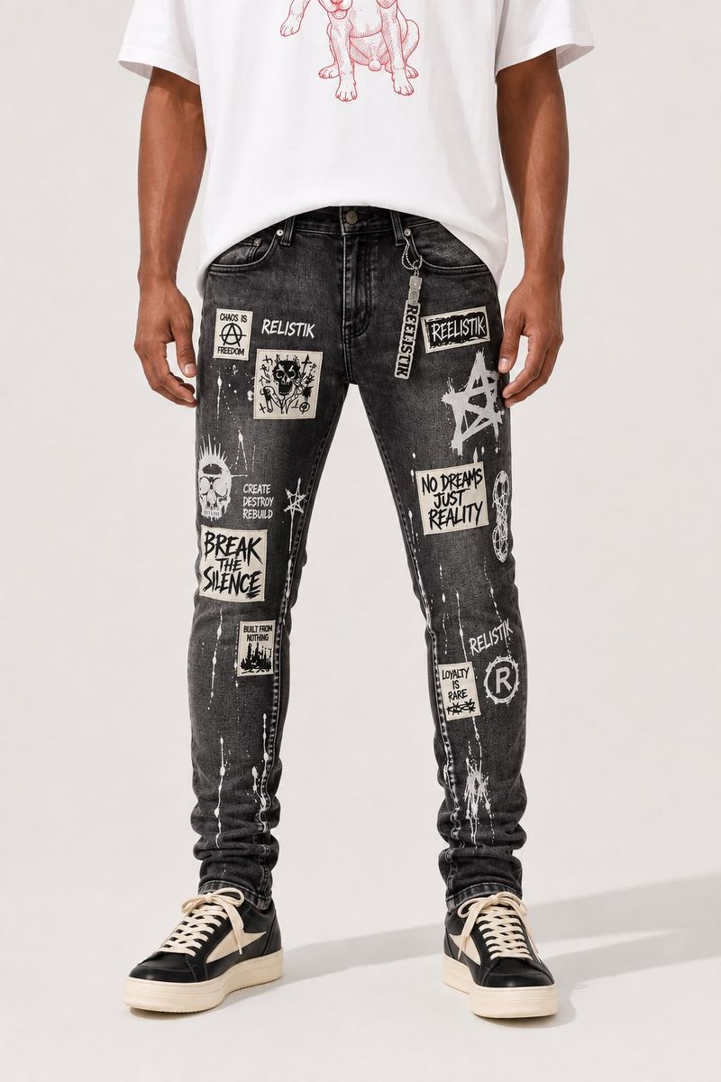 Reelistik Nyc Break The Silence Patched Jeans Black Grey Wash