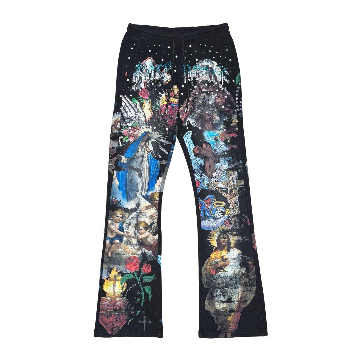 Rare Peace All Over Print Rhinestone Jogger Set Black