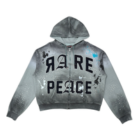 Rare Peace Washed Painted zip up Rhinestone Hoodie Grey