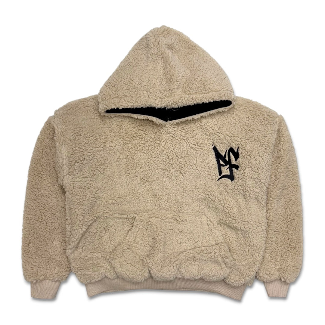 Pushin Flowers Faux Shearling Fleece Hoodie Beige