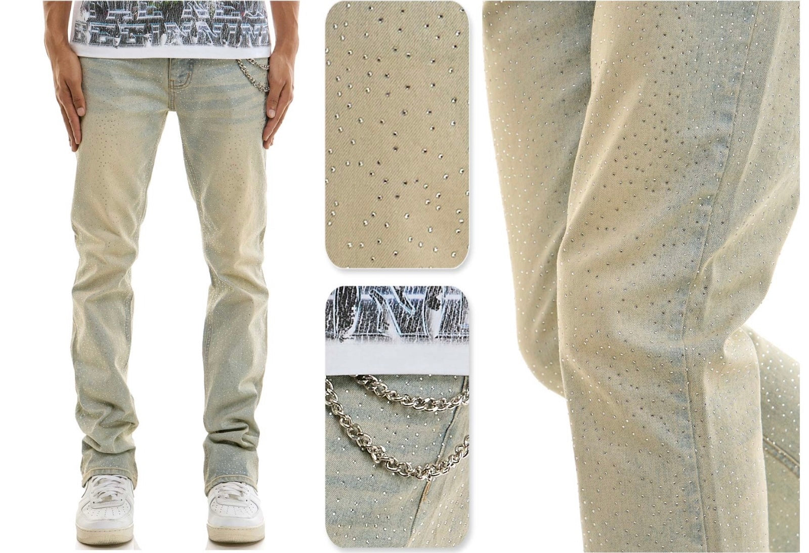 Kdnk Men's rhinestone skinny jeans tan blue wash