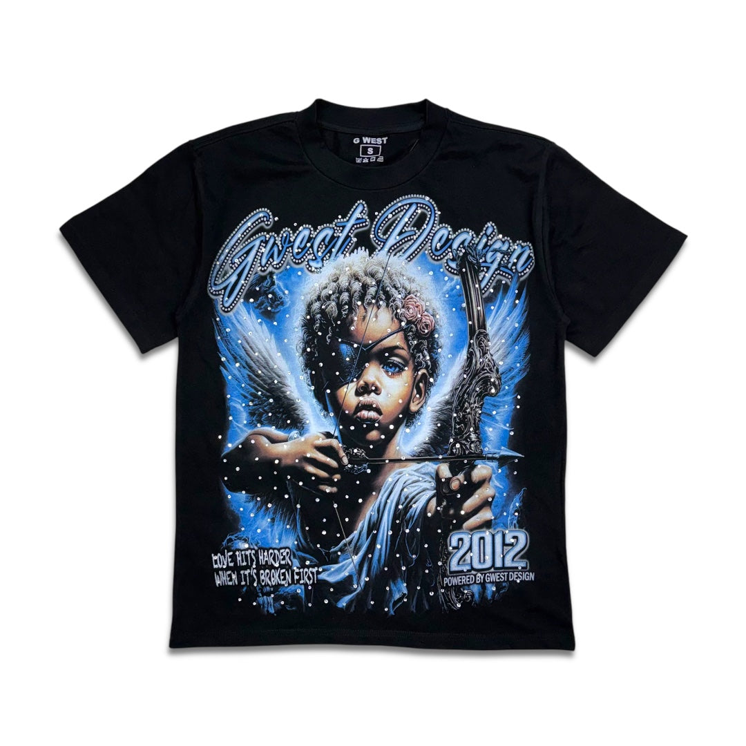G west Men's Broken Angel Rhinestone Tee Black/Blue