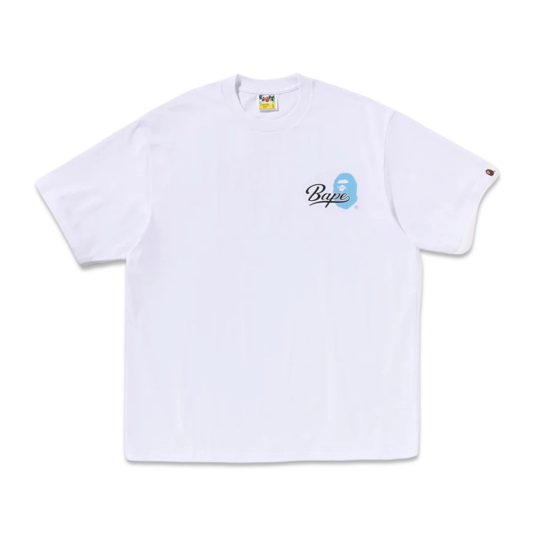 Bape Men's Cursive college logo relaxed fit tee White X Blue